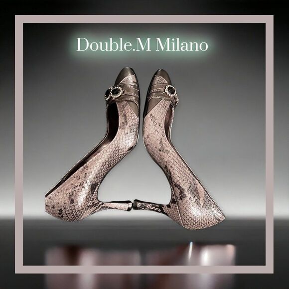DOUBLE M MILANO Metallic Silver Python Print Statement Crystal Rhinestone Heels - Picture 9 of 11